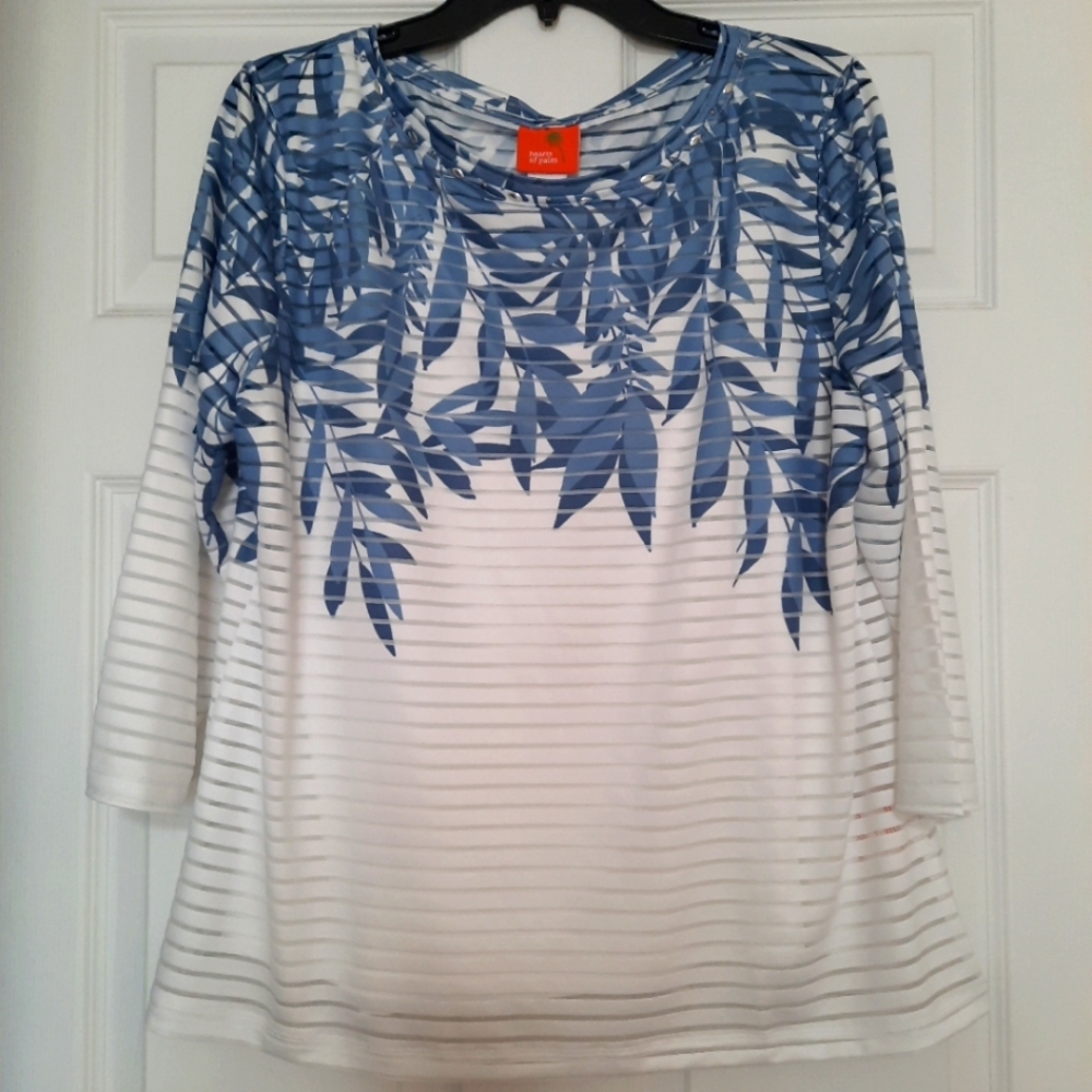 Hearts Of Palm Large Blue White Quarter Sleeve Sheer Lined Blouse